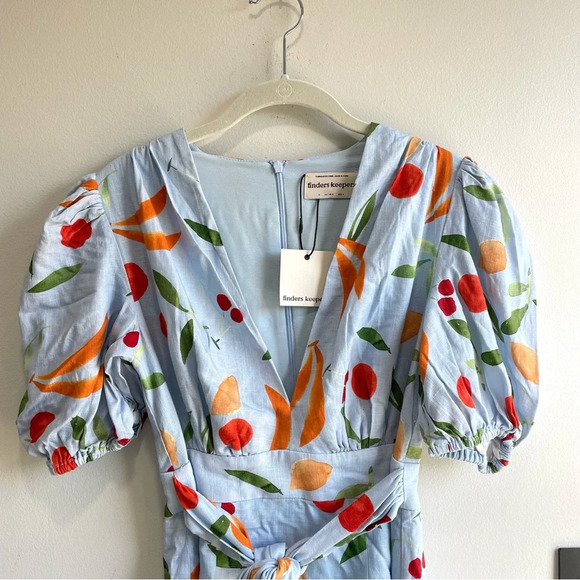 Finders Keepers Calypso Light Blue Fruit Print Puff Sleeve Mini Dress NWT Small - Picture 6 of 13